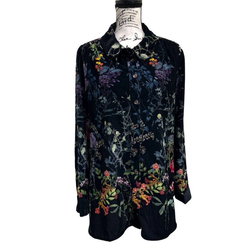 Soft Surroundings Black Velvet Tunic with Multicolor Floral Print